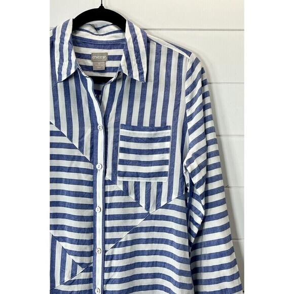 Chico’s Spliced Stripe Blue White Button Front Tunic Pockets Chicos Sz 0 (4-6) - Picture 2 of 11